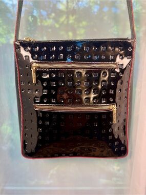 Arcadia Italian Black Patent Leather Embossed Logo Crossbody Bag - Like New